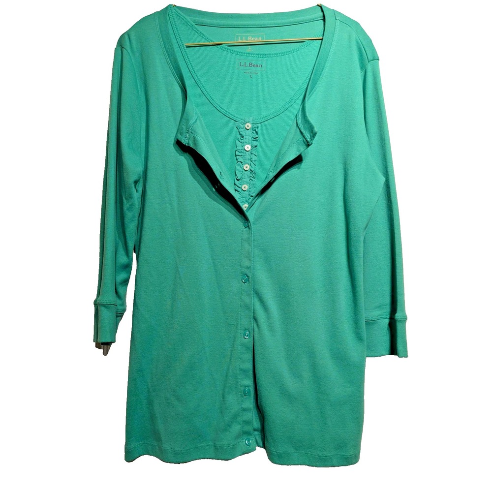 L.L.Bean Sweater Women L 2 Pc. Set Green Cardigan/Tank‎ 3/4 Sleeve Ruffle Henley